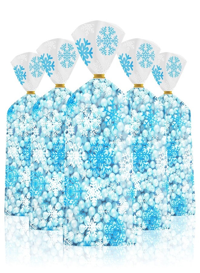 Litmitfu 100 Pcs Winter Snowflake Treat Bags - Christmas Gift Bags, Blue White Plastic Snowflakes Cello Candy Goodie Cookie Snack Cellophane Bag with Twist Ties for Xmas Holiday Winter Wonderland Party Favors - Image 1